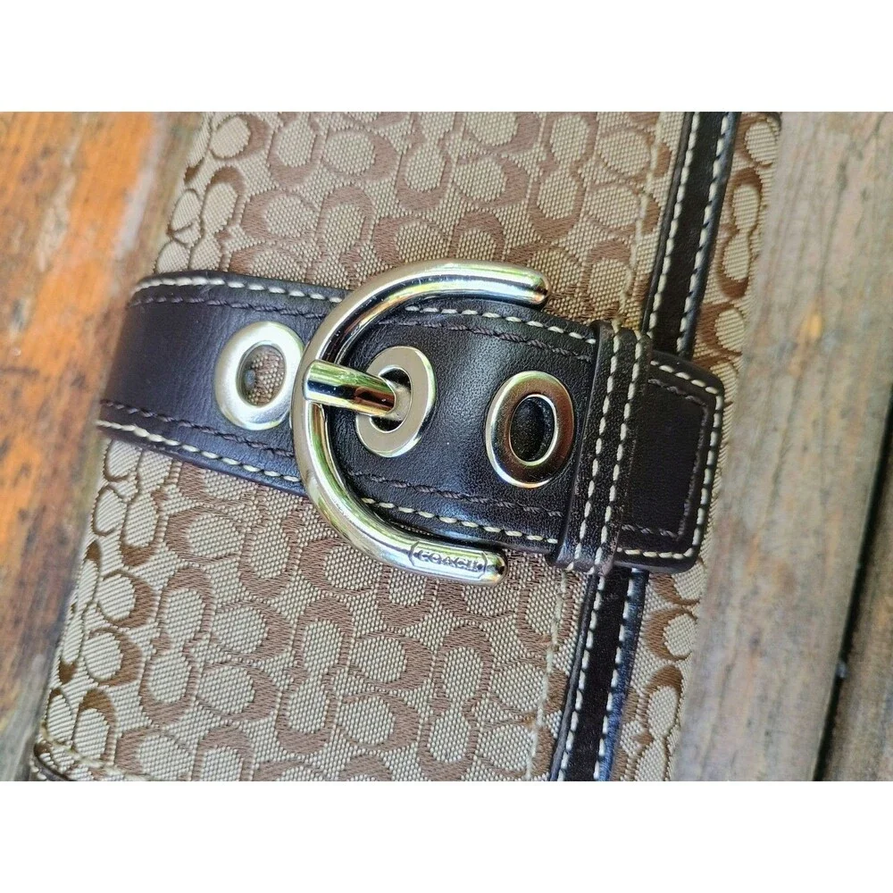 VTG Coach Soho Signature Khaki Brown Wallet Canvas Leather Buckle Flap Trifold